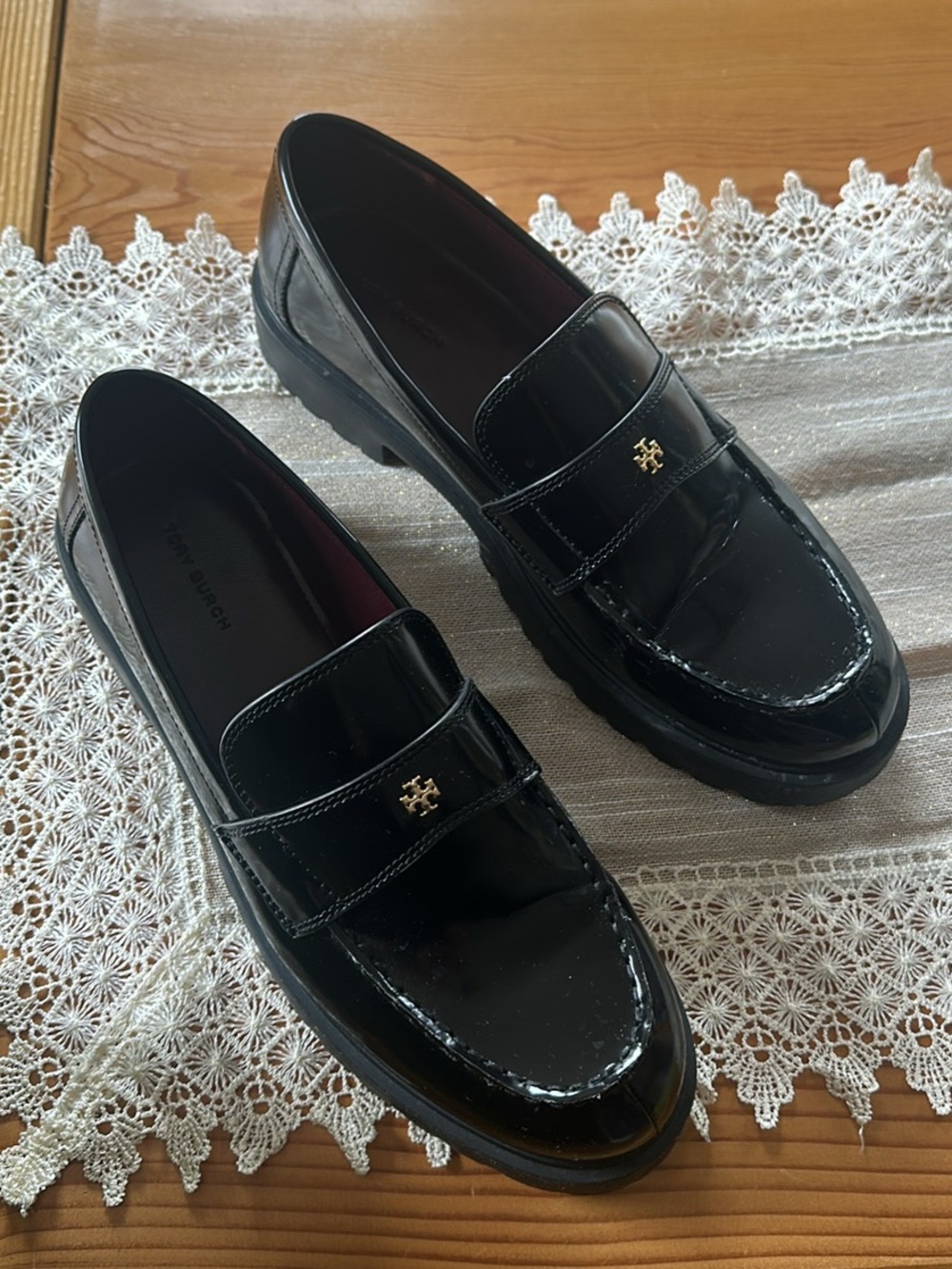Tory Burch Black Patent Leather Penny Loafers with Gold Logo
